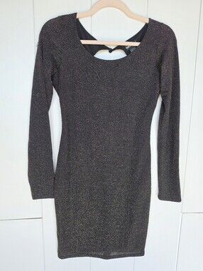 Wet Seal Metalic Gold And Black Long sleeve Cross Back Bodycon Mini dress